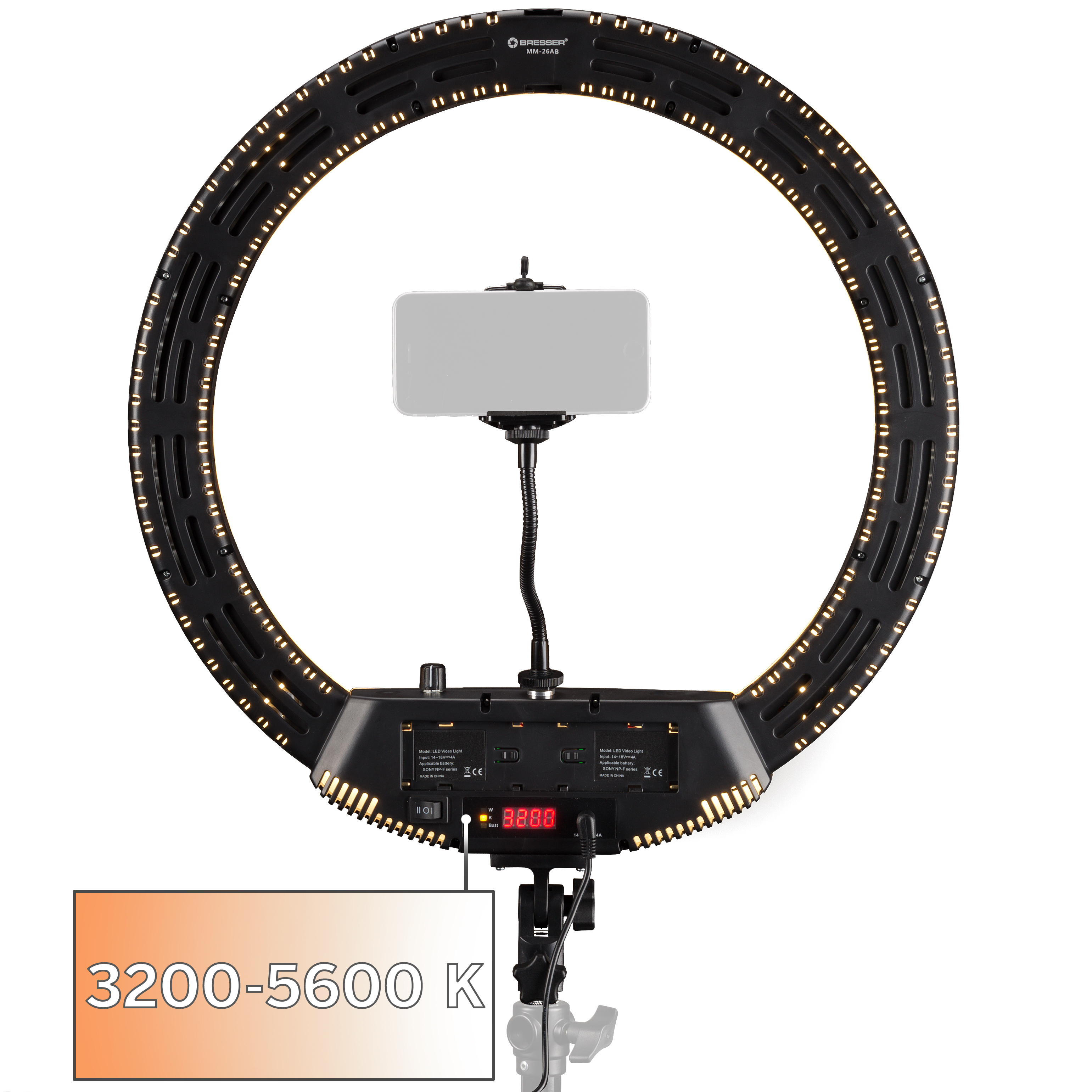 BRESSER MM-26AB Bi-Color LEd Ring Light 48W regulable con soporte para smartphone y disparador remoto