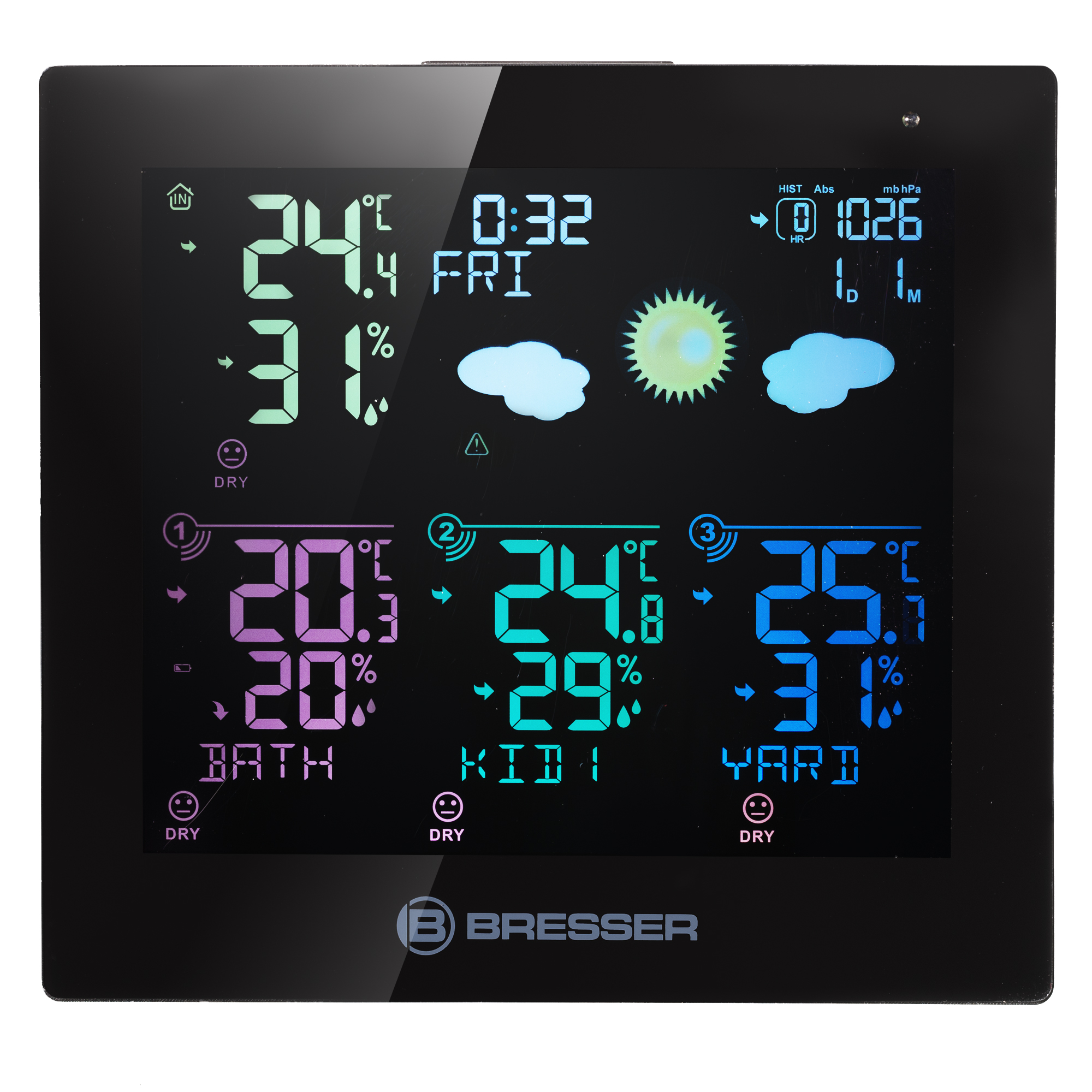 BRESSER Quadro Neo C Thermo- und Hygrometer mit 3 Außensensoren und Wettervorhersage (Refurbished)